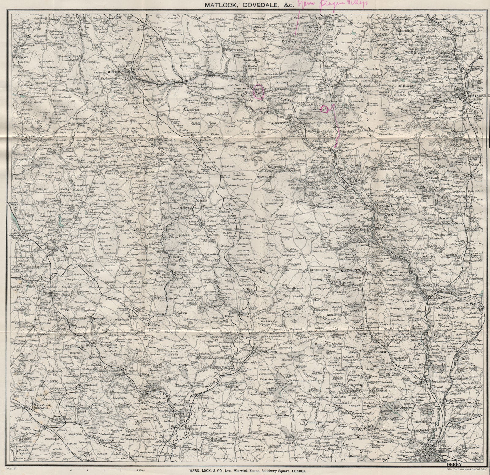 PEAK DISTRICT SOUTH. Matlock Dovedale Derby Buxton Chesterfield 1925 old map
